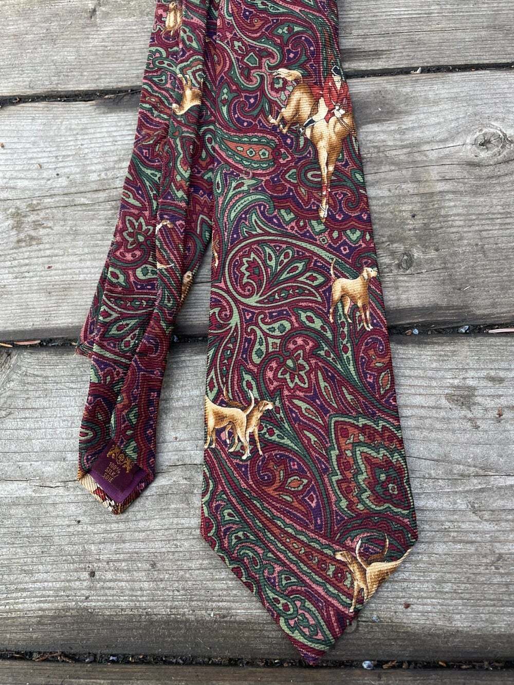 Polo Ralph Lauren Men 80s Vintage USA Made Plaid Paisley Dog Horse 100% Silk Tie